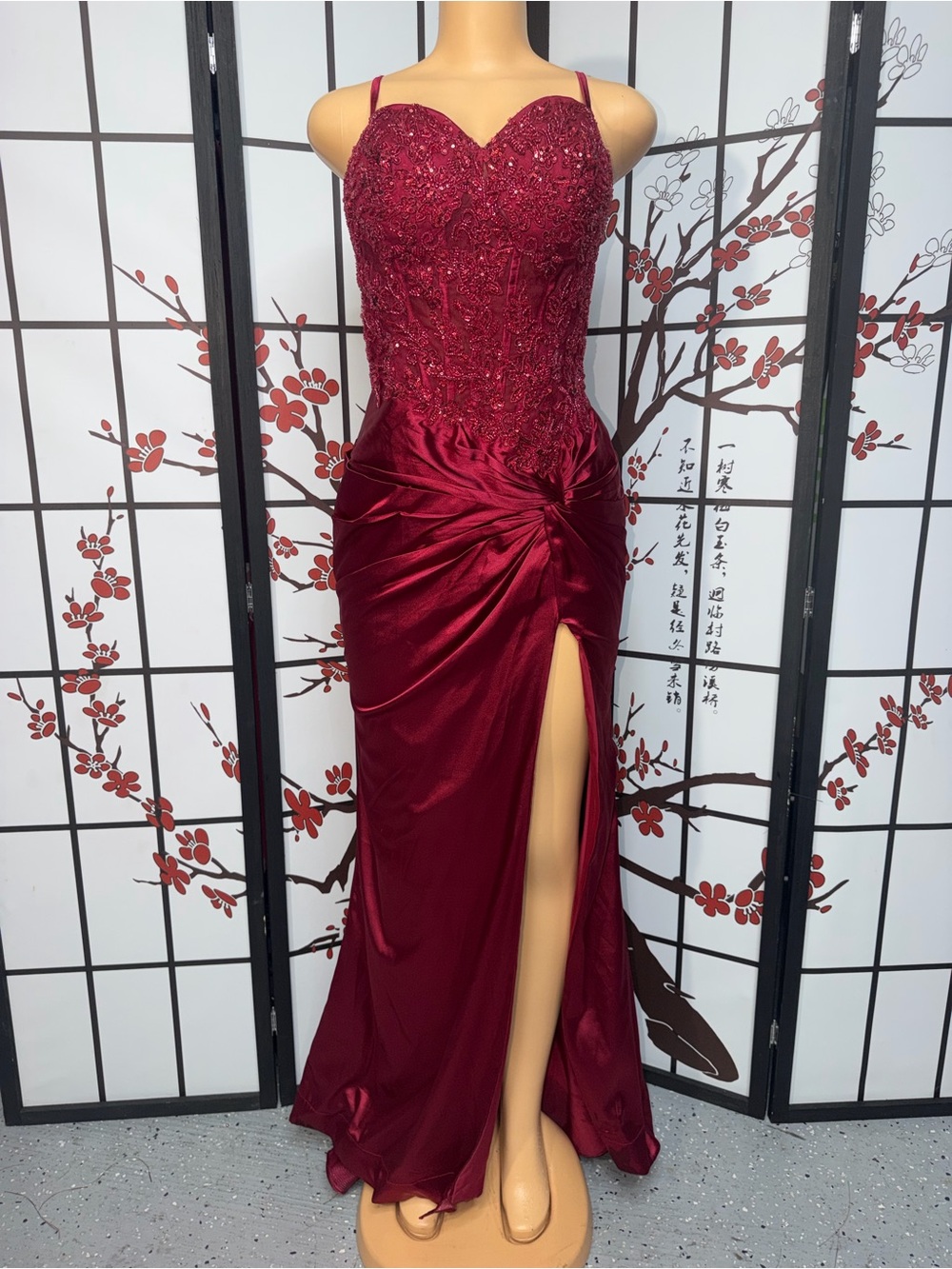 Beaded Burgundy Spaghetti-Strap Prom Dress with Side Slit